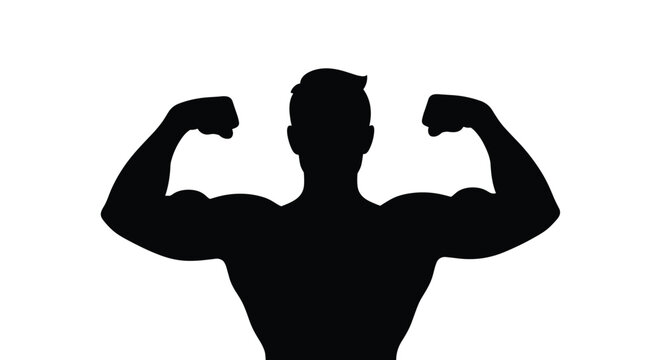 Dark silhouette of a powerful man flexing his muscular biceps on a plain white background for fitness and strength concept.