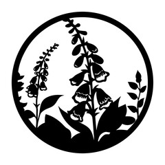 Digitalis Foxglove Silhouette, Woodland Botanical Illustration, Elegant Floral Circle Design, Nature Art Vector © SUMON