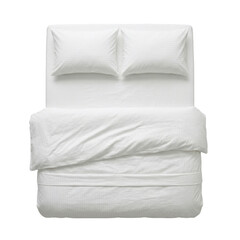 Naklejka premium Top view of single bed with white linens and pillow on transparent background PNG image