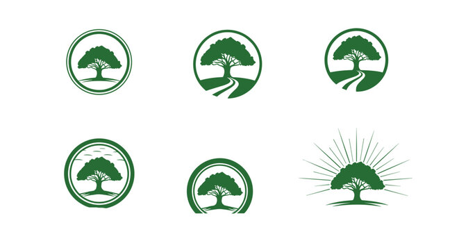 Collection of green tree logo designs in circular frames representing nature, growth, and environmental sustainability concepts.