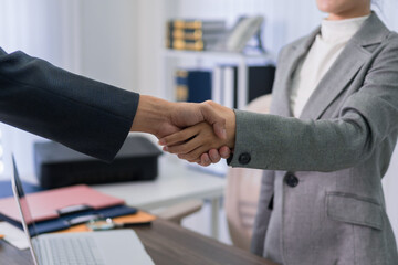 business professionals handshake lawyer agreement partnership deal contract negotiation meeting corporate office formal greeting success collaboration © snowing12
