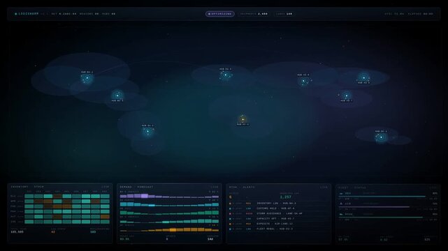Futuristic Global Logistics and Supply Chain AI Dashboard Interface Showing Real-Time Network Optimization, Route Rerouting, Inventory Tracking, Fleet Status, and Risk Alert Monitoring on Dark Cyber 