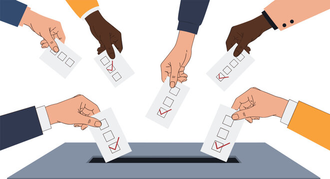 Multiple hands of different skin tones dropping voting ballots into a ballot box representing democracy and the election process.