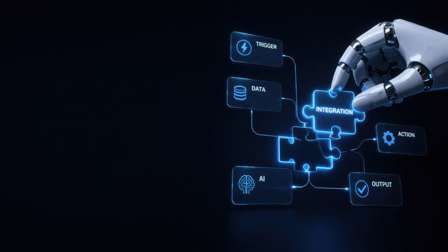 robotic hand assembling puzzle pieces for data integration and automation process