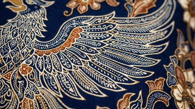 Macro photography of traditional Indonesian batik textile featuring the iconic Garuda motif detail, capturing the intricate artistic pattern of the national bird on blue fabric in widescreen format.