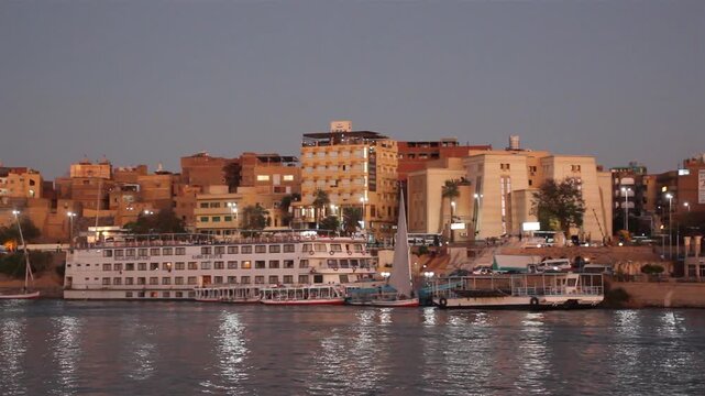 Evening view of Aswan skyline and the river Nile, Egypt