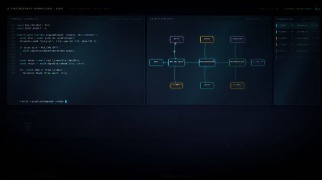 Software Development Workflow Animation with Cinematic Coding Infrastructure, Developer Systems Visualization Motion Graphics