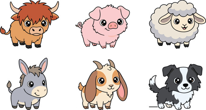 Adorable Kawaii Style Baby Farm Animal Vector Set Featuring Highland Cow Pig Sheep Donkey Goat and Border Collie for Kids Nursery Decor and Stickers