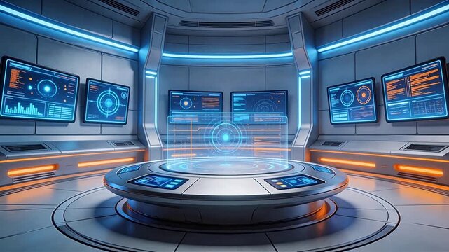Futuristic control room with holographic display