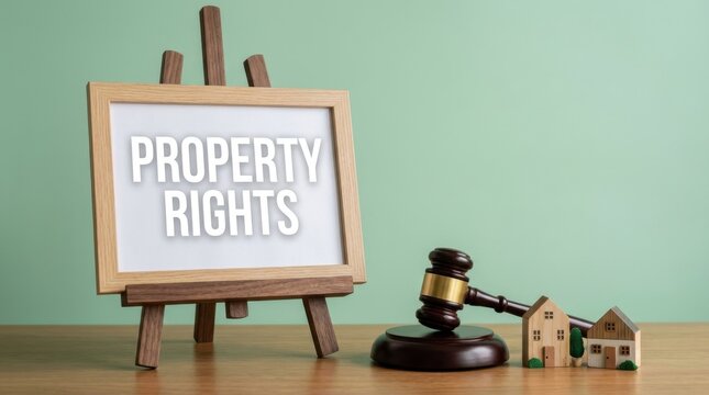 Property rights text on wooden easel, judge gavel with small house models on desk, real estate law and ownership concept, legal housing regulations