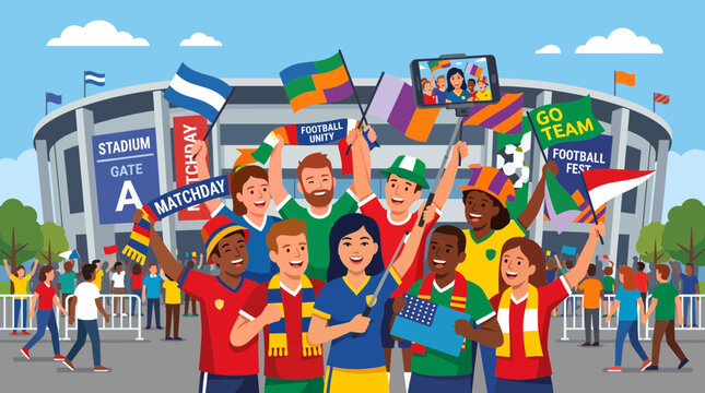 Diverse global football fans united in excitement outside a large stadium, anticipating the thrill of the world cup tournament