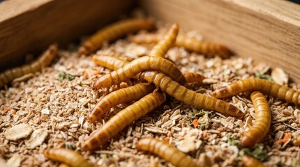 Fototapeta premium A detailed close up macro of golden mealworm larvae crawling in a wooden container. This high resolution widescreen shot captures the segmented texture and natural movement of the insects in grain.