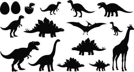 Set of black dinosaur silhouettes, jurassic prehistoric animal vector icons, trex, stegosaurus, pterodactyl, eggs, and wild giraffe isolated graphic design © MdJahid