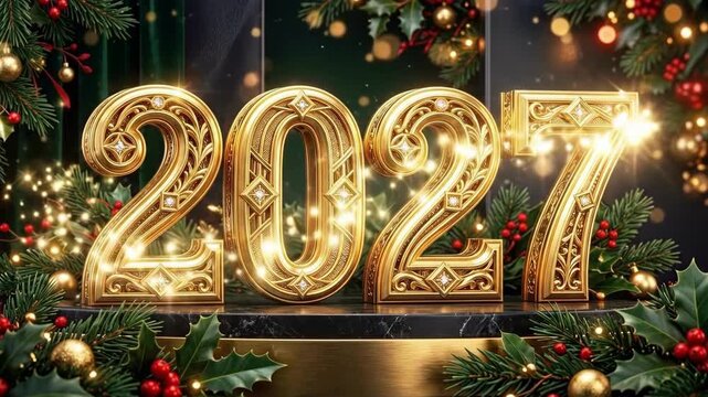 Golden 2027 numerals with diamond accents on black marble base. Surrounded by fir branches, holly leaves and red berries. Festive new year celebration concept for holiday greetings