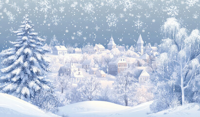 Fototapeta premium Winter village landscape with snow-covered houses and falling snowflakes in a serene atmosphere