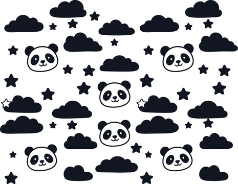 Black panda face and cloud pattern with stars on white background for nursery wallpaper design
