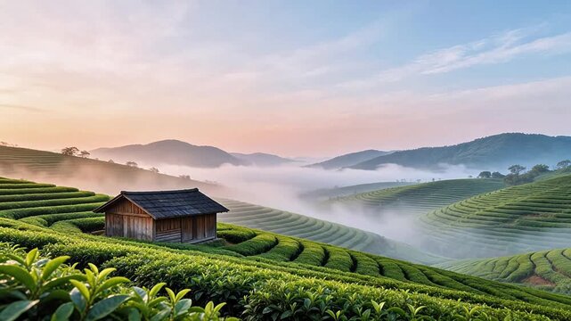 Tea fields with wooden hut and misty hills