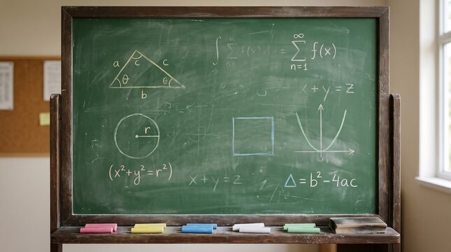 Classic chalkboard filled with mathematical equations, diagrams, and geometric illustrations
