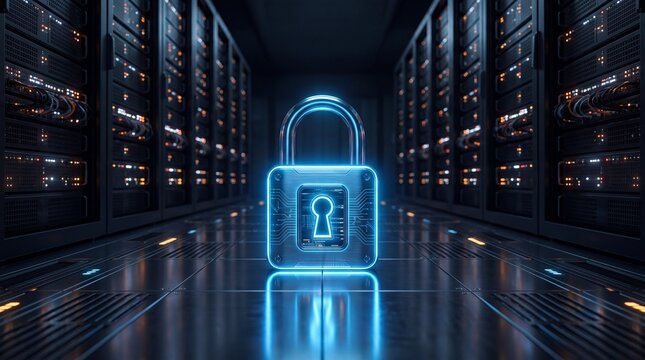 Futuristic server room with glowing blue padlock and keyhole symbolizing cybersecurity and data protection in a high tech environment with rows of computer servers