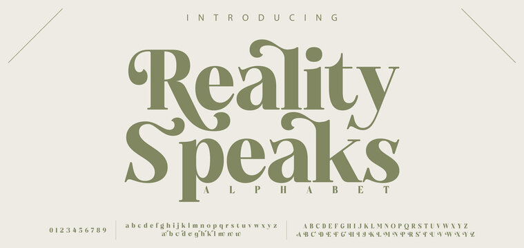 Reality Speaks Elegant luxury abstract wedding fashion logo font alphabet. Minimal classic urban fonts for logo, brand etc. Typography typeface uppercase lowercase and number. vector illustration