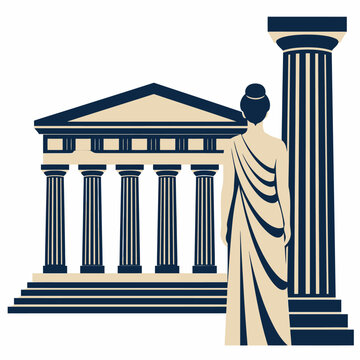 Classical Greek temple facade with columns and a female figure in chiton standing next to a large column, minimalist two-tone vector illustration.