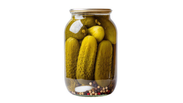 Full glass jar of dill pickles with peppercorns and spices, isolated on transparent background