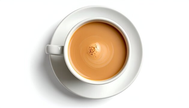 Overhead view of a cup of tea with milk on a saucer, isolated on white