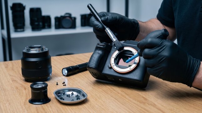 Camera Sensor Cleaning Process with Lens and Tools on Wooden Table