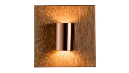 Naklejka premium Modern copper cylinder wall lamp emitting warm light, isolated on transparent background