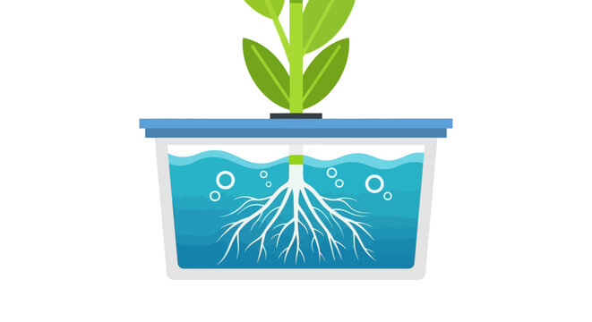 Hydroponic Plant Growth Vector Illustration, Deep Water Culture System with Roots and Oxygen Bubbles, Sustainable Agriculture Concept