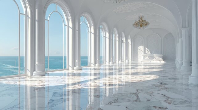 Luxurious grand hall with white marble floors, classical columns and arched windows overlooking the sea