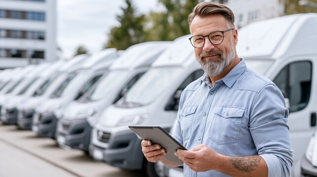 Man Checks Inventory of White Cargo Vans Outdoors as Fleet Manager Oversees Logistics and Vehicle Condition for Delivery Operations
