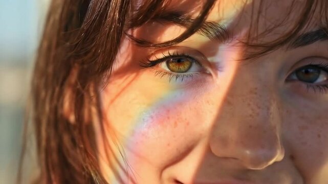 Close up cinematic footage of young woman's face, her brown eyes gazing thoughtfully as a vibrant rainbow prism dances across her freckled skin and hair in soft sunlight, dynamic and expressive clip.
