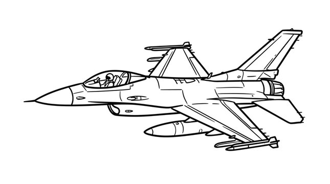 Line drawing of a military fighter jet with cockpit and missiles on a white background.