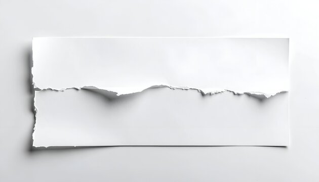 Close-up of a white paper sheet torn in half on a white background, lit from above