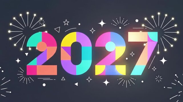 Colorful geometric 2027 numbers with fireworks bursts. Vibrant abstract design celebrating new year arrival. Festive digital graphic for holiday invitations and cards