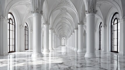 Fototapeta premium Elegant white marble hall with neoclassical columns, ornate vaulted ceilings and large arched windows