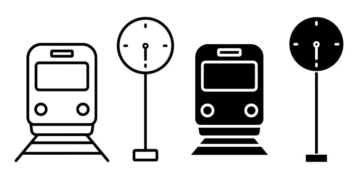 Two stylized train fronts and two clocks on poles transportation time