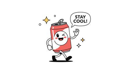 Obraz premium Cheerful cartoon soda can character with a winking face and a waving hand wishing to stay cool in a fun pop art style illustration.