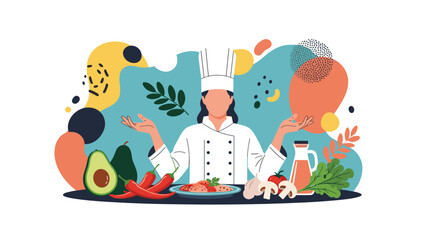 Fototapeta premium Professional female chef in uniform presenting a variety of fresh ingredients including avocado, chili peppers, mushrooms, and olive oil.