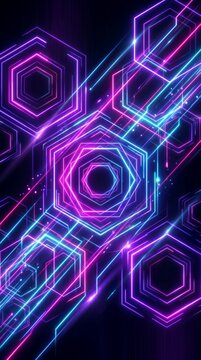 Futuristic dark abstract background with vibrant neon geometric shapes and glowing hexagonal grid. Ideal for tech brands, gaming, cybersecurity, and digital marketing.