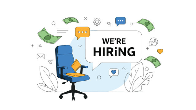 Recruitment concept showing an empty blue office chair with flying money and icons under a large we are hiring message.