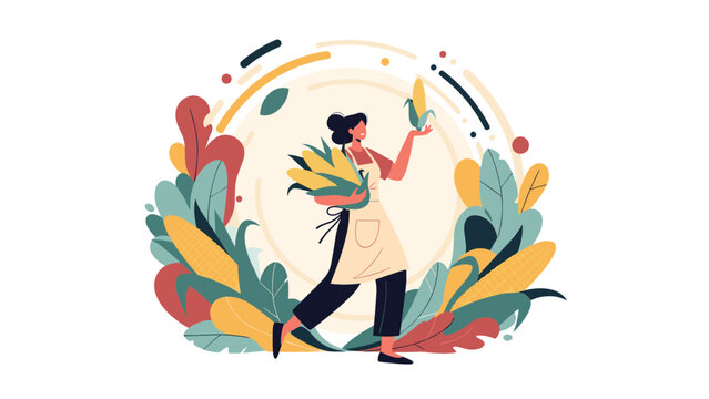 Grateful woman in an apron walking and carrying a large armful of harvested corn ears against an abstract sunny circular backdrop.