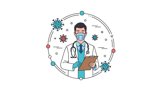 Professional male doctor wearing a medical face mask and holding a clipboard while surrounded by virus icons in a circular frame.