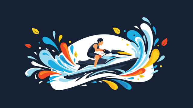 Active man enjoys riding a powerful jet ski across the ocean with vibrant and colorful water splashes creating a dynamic and energetic summer scene.