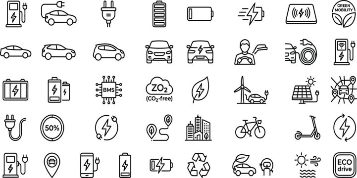 Electric vehicle and sustainable transport icon set with electric transport charging sustainability