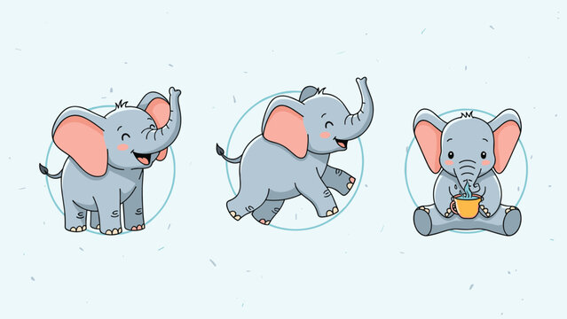 Collection of three cute cartoon baby elephants in playful poses showing happiness and drinking from a cup in a charming vector art.