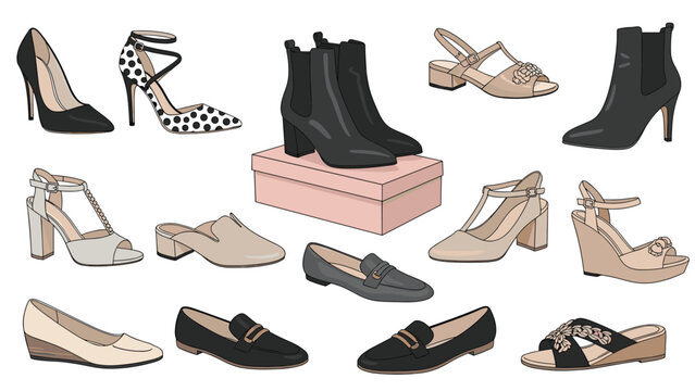 Large collection of diverse women's fashion shoes including high heels, ankle boots, sandals, loafers, and wedges on a white surface.