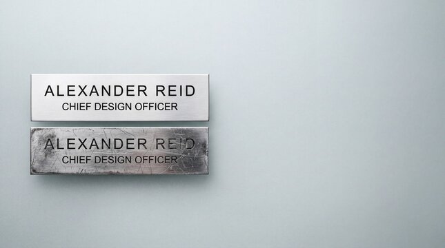 Unique nameplates showcase the title of Chief Design Officer Alexander Reid in a sleek, contemporary office environment, highlighting sophistication and design.