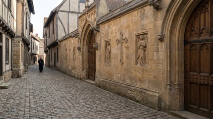 Obraz premium A tranquil cobblestone lane is lined with stunning historic buildings, featuring detailed stone carvings. A lone figure walks, embracing the peaceful morning atmosphere.